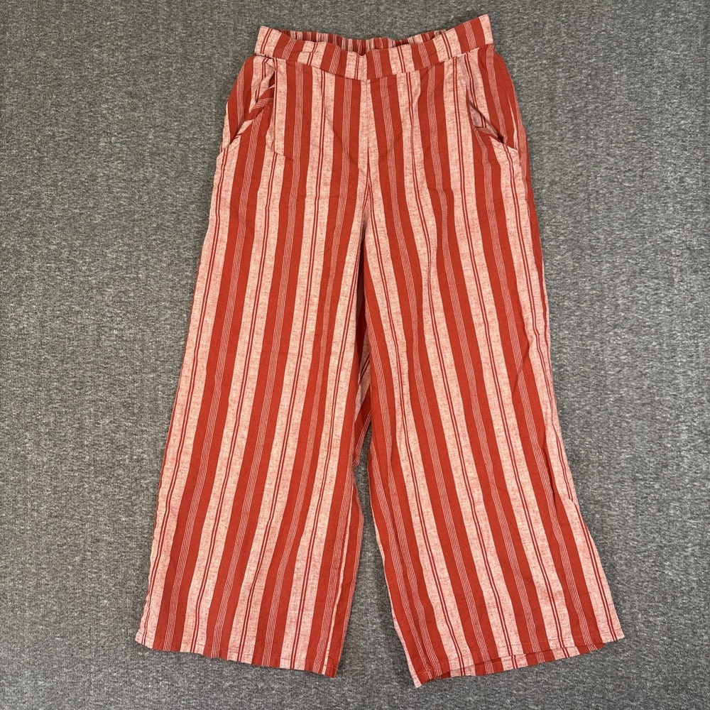 Arizona Womens Striped Wide Leg Capri Pants Cotton Linen Blend Red-Orange Sz Med